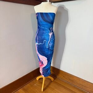 FARAI London Original Blue Pink Abstract Print Mesh Ruched Bodycon Dress